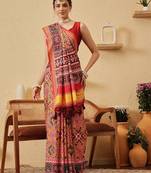 Yellow printed silk blend ethnic saree with blouse piece