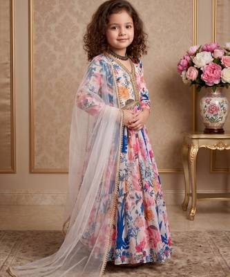 multi heavy fox georgette gown set with digital print work with dori & less - designer party wear 2