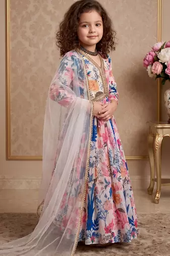 multi heavy fox georgette gown set with digital print work with dori & less - designer party wear