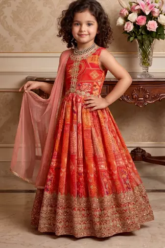 red heavy fox georgette gown set with digital print work with embroidered sequnce work - designer party wear