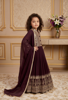 wine heavy fox georgette gown set with embroidery sequence work with fancy button with latkan dori - designer party wear 2