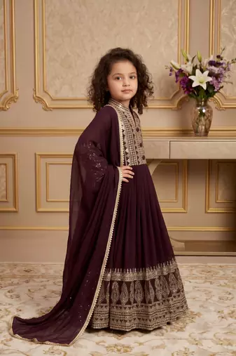 wine heavy fox georgette gown set with embroidery sequence work with fancy button with latkan dori - designer party wear