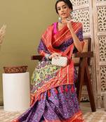 Blue printed silk blend ethnic saree with blouse piece