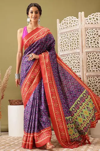 Blue printed silk blend ethnic saree with blouse piece