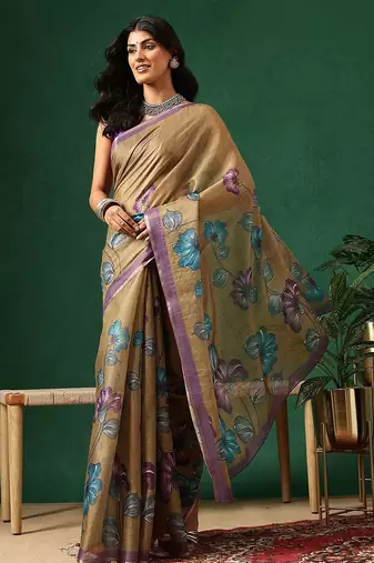 Brown printed cotton blend ethnic saree with blouse piece