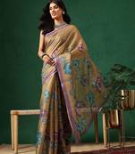 Brown printed cotton blend ethnic saree with blouse piece
