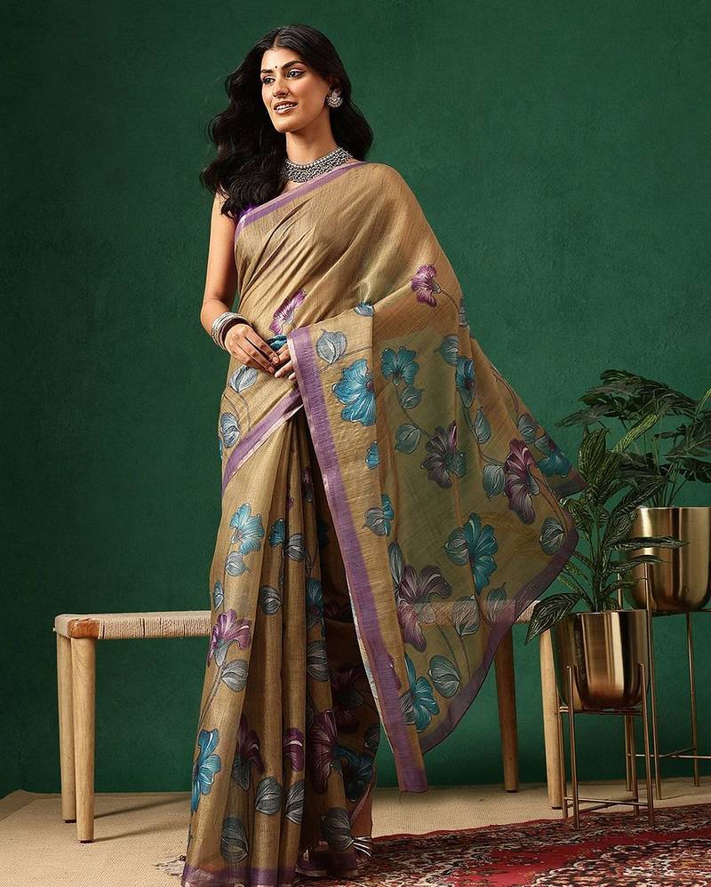 Brown printed cotton blend ethnic saree with blouse piece