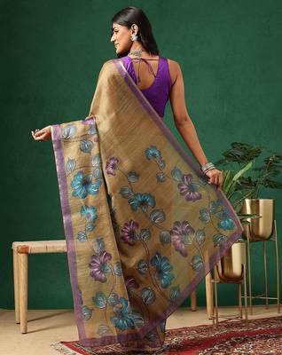 Brown printed cotton blend ethnic saree with blouse piece 2