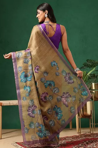 Brown printed cotton blend ethnic saree with blouse piece