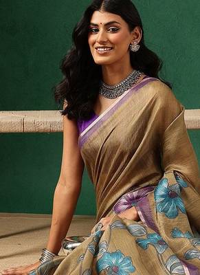 Brown printed cotton blend ethnic saree with blouse piece 3