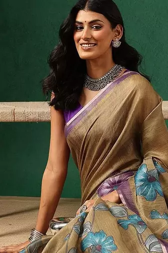 Brown printed cotton blend ethnic saree with blouse piece