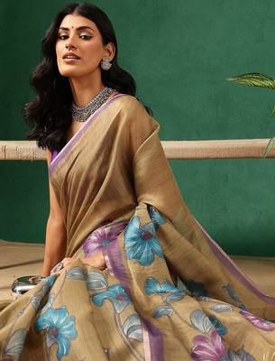 Brown printed cotton blend ethnic saree with blouse piece 4