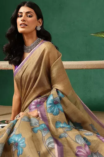 Brown printed cotton blend ethnic saree with blouse piece
