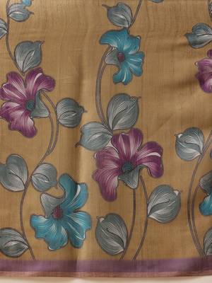 Brown printed cotton blend ethnic saree with blouse piece 5