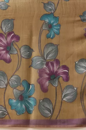 Brown printed cotton blend ethnic saree with blouse piece