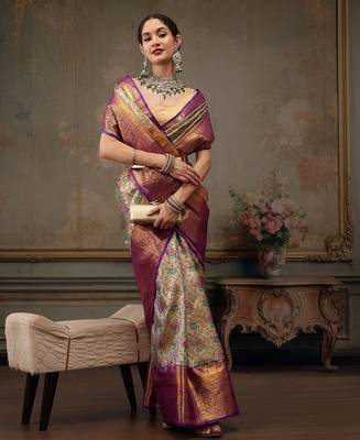 Silver woven silk blend ethnic saree with blouse piece 1