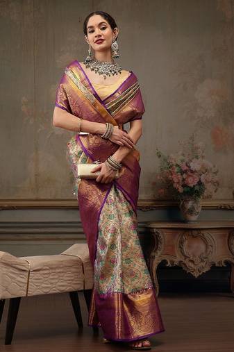 Silver woven silk blend ethnic saree with blouse piece