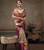 Silver woven silk blend ethnic saree with blouse piece