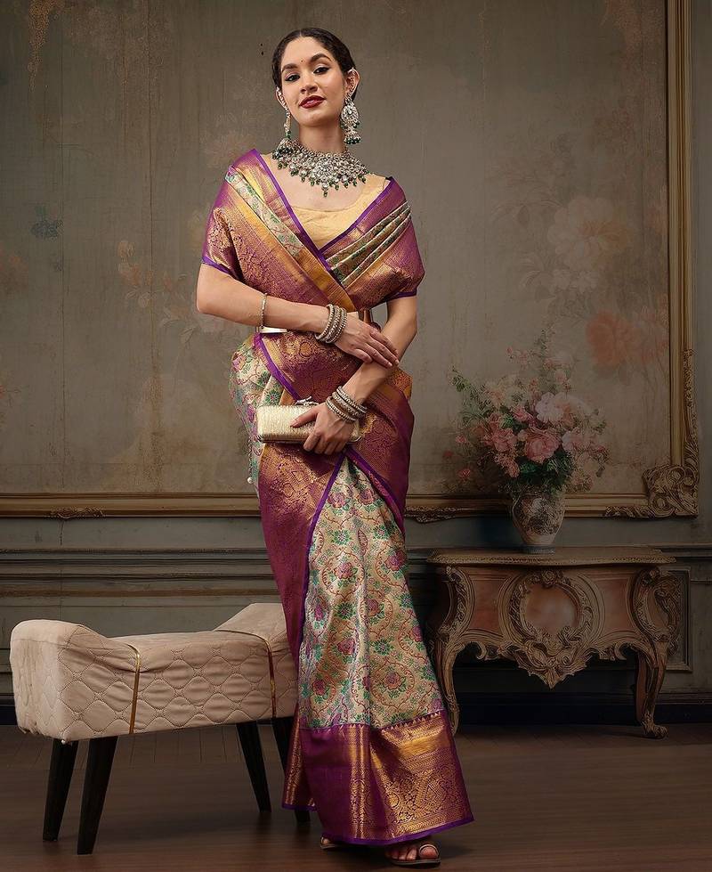 Silver woven silk blend ethnic saree with blouse piece