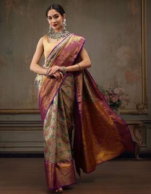 Silver woven silk blend ethnic saree with blouse piece 2