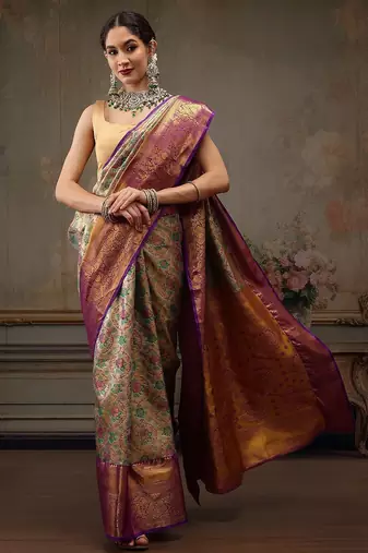 Silver woven silk blend ethnic saree with blouse piece