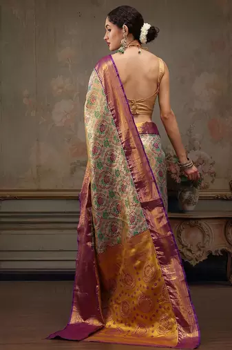 Silver woven silk blend ethnic saree with blouse piece