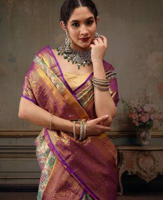 Silver woven silk blend ethnic saree with blouse piece 4