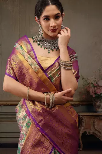 Silver woven silk blend ethnic saree with blouse piece