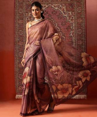 Purple printed cotton blend ethnic saree with blouse piece 1