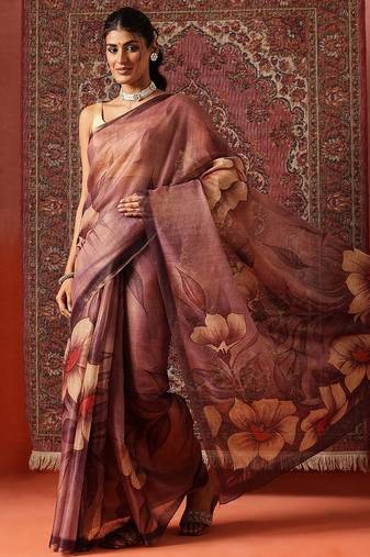Purple printed cotton blend ethnic saree with blouse piece