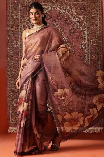 Purple printed cotton blend ethnic saree with blouse piece