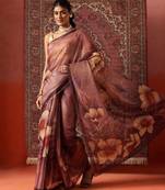 Purple printed cotton blend ethnic saree with blouse piece