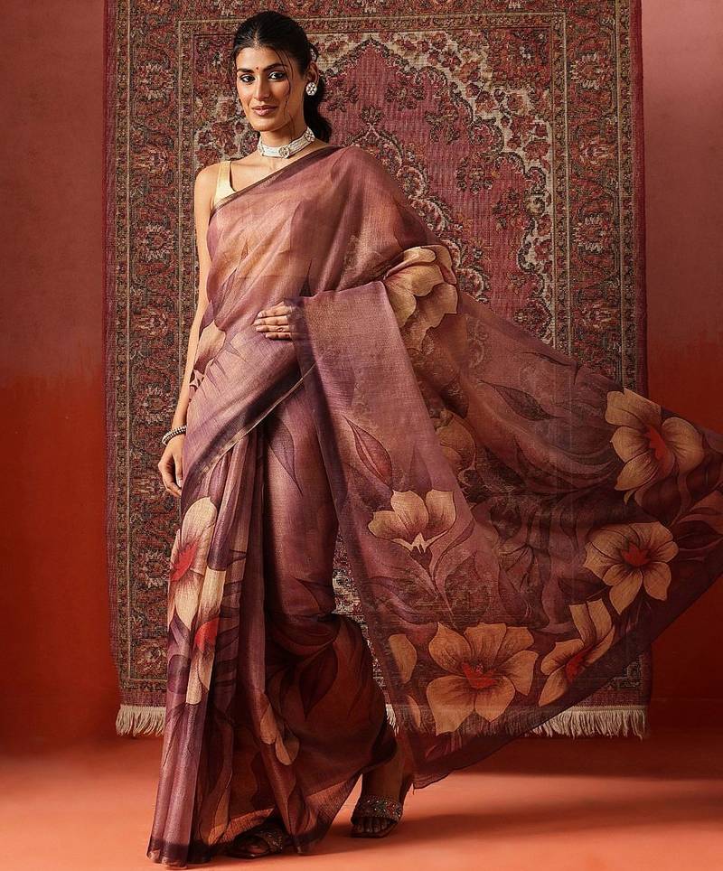 Purple printed cotton blend ethnic saree with blouse piece