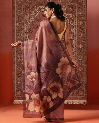 Purple printed cotton blend ethnic saree with blouse piece 2