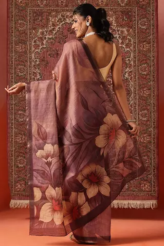 Purple printed cotton blend ethnic saree with blouse piece