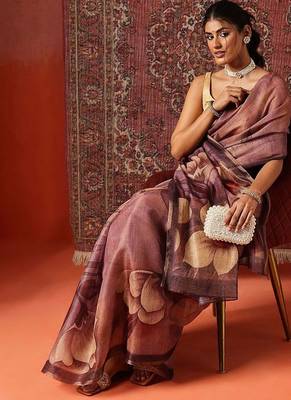 Purple printed cotton blend ethnic saree with blouse piece 3
