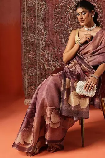 Purple printed cotton blend ethnic saree with blouse piece