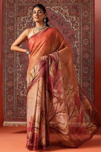 Orange printed cotton blend ethnic saree with blouse piece