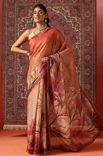 Orange printed cotton blend ethnic saree with blouse piece