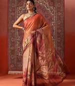 Orange printed cotton blend ethnic saree with blouse piece