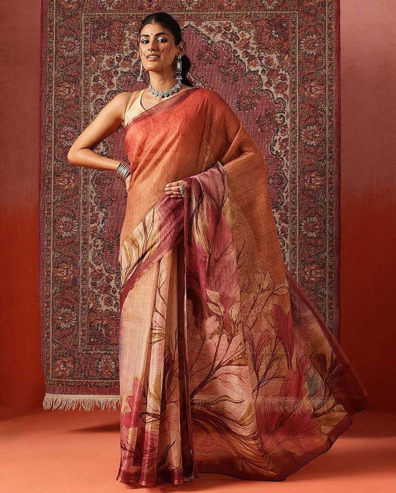 Orange printed cotton blend ethnic saree with blouse piece