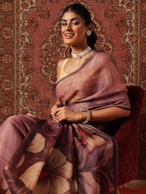 Purple printed cotton blend ethnic saree with blouse piece 4