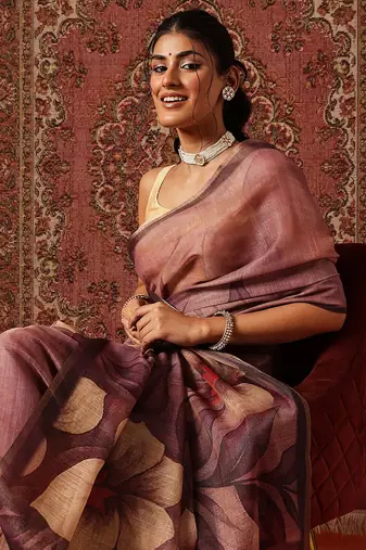 Purple printed cotton blend ethnic saree with blouse piece
