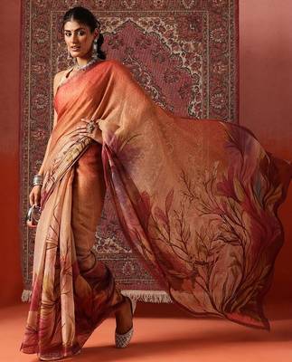 Orange printed cotton blend ethnic saree with blouse piece 2