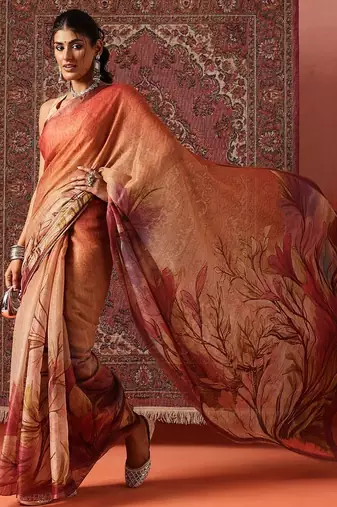 Orange printed cotton blend ethnic saree with blouse piece