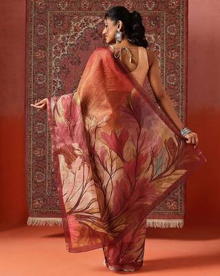 Orange printed cotton blend ethnic saree with blouse piece 3