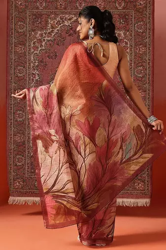 Orange printed cotton blend ethnic saree with blouse piece