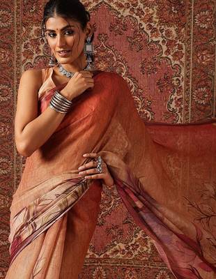 Orange printed cotton blend ethnic saree with blouse piece 4