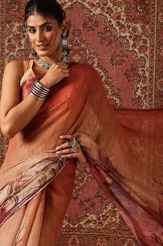 Orange printed cotton blend ethnic saree with blouse piece