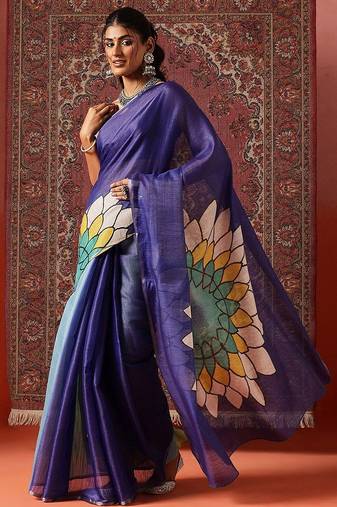 Blue printed cotton blend ethnic saree with blouse piece
